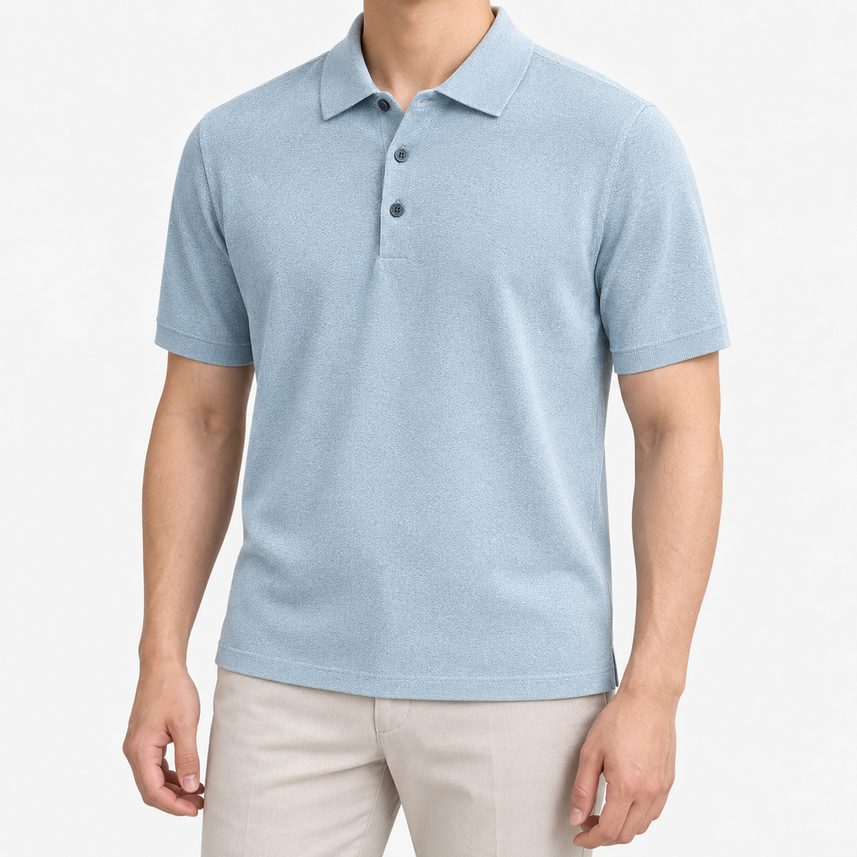 Lyocell silk polo with a fine textured knit in light blue, front model view