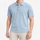 Lyocell silk polo with a fine textured knit in light blue, front model view