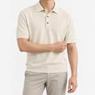 Lyocell silk polo with a fine textured knit in cream, front model view