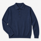 Fine knit button collar wool blend sweater in navy blue, product view