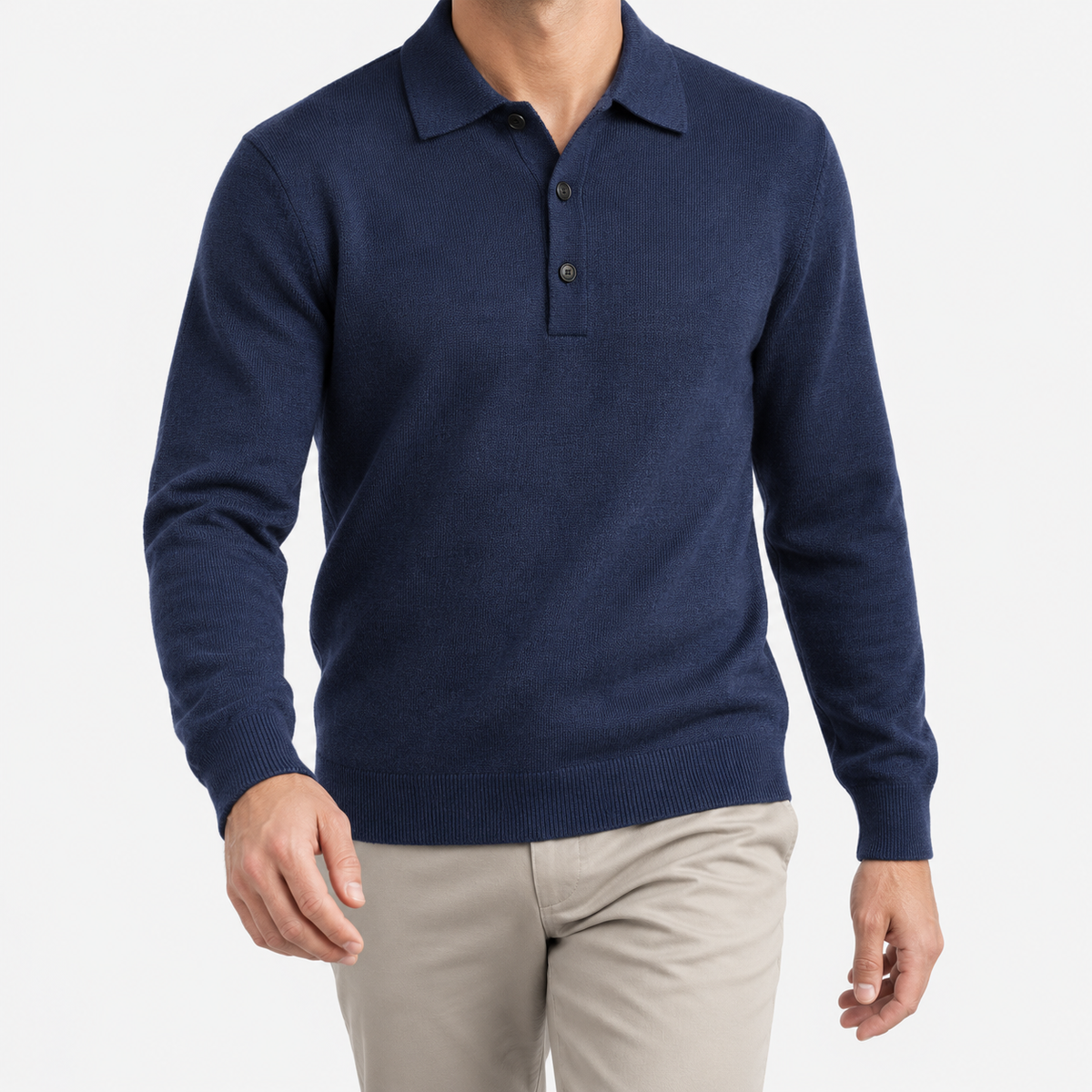 Fine knit button collar wool blend sweater in navy blue, front model view