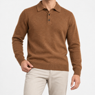 Fine knit button collar wool blend sweater in brown, front model view