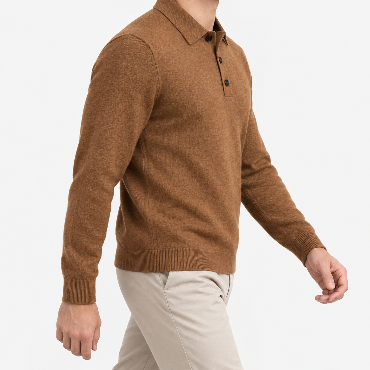 Fine knit button collar wool blend sweater in brown, three-quarter model view