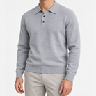 Fine knit button collar wool blend sweater in light gray, front model view