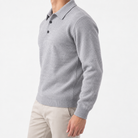 Fine knit button collar wool blend sweater in light gray, three-quarter model view