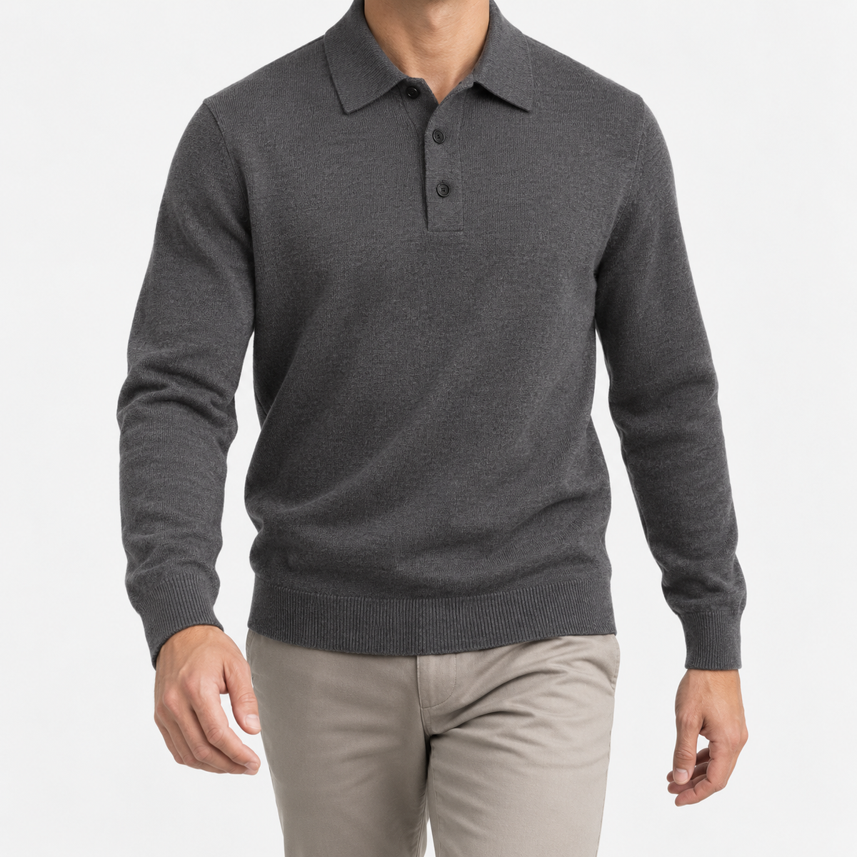 Fine knit button collar wool blend sweater in dark gray, front model view
