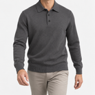 Fine knit button collar wool blend sweater in dark gray, front model view