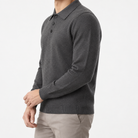 Fine knit button collar wool blend sweater in dark gray, three-quarter model view