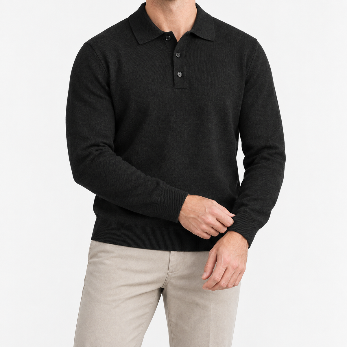 Fine knit button collar wool blend sweater in black, front model view