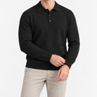Fine knit button collar wool blend sweater in black, front model view