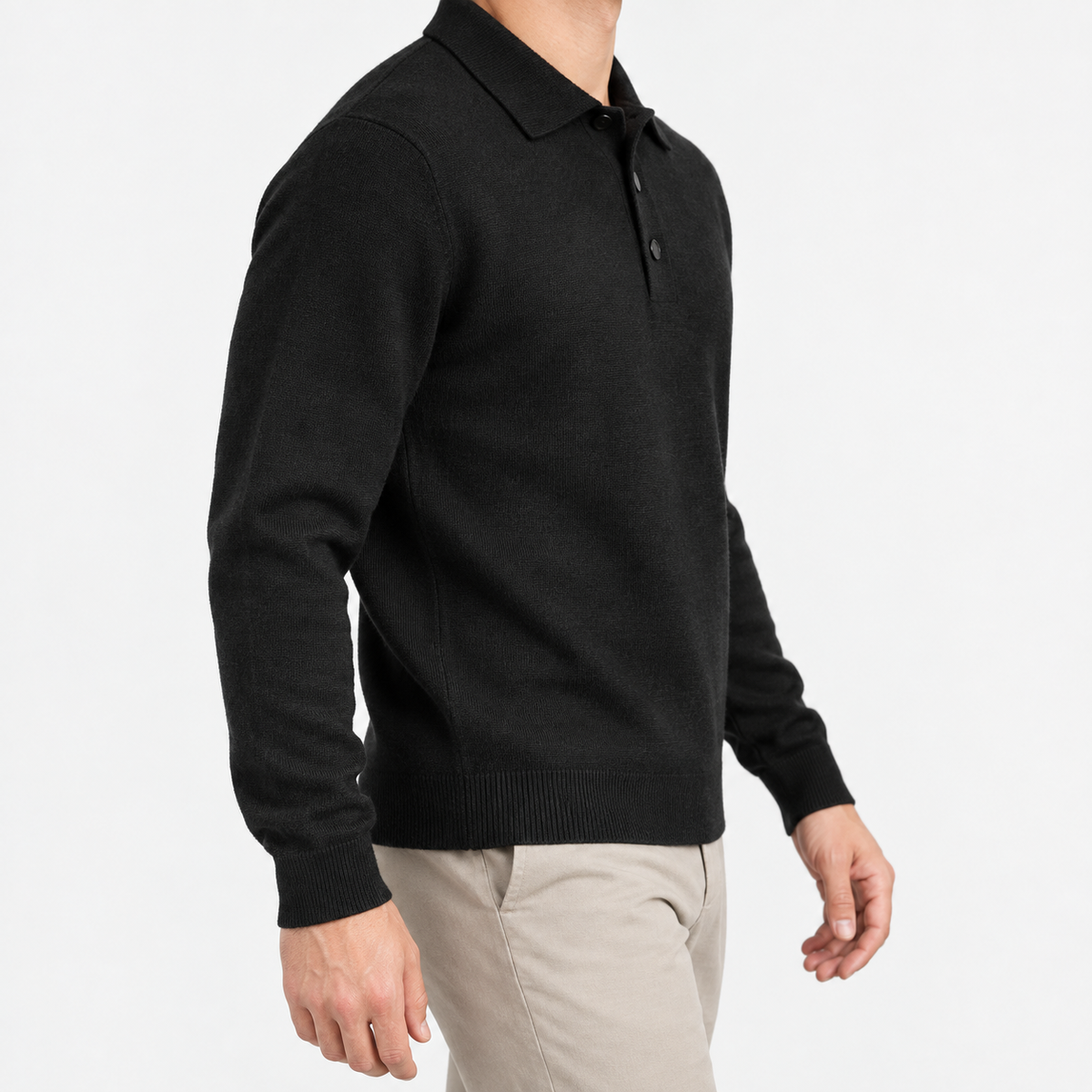 Fine knit button collar wool blend sweater in black, three-quarter model view