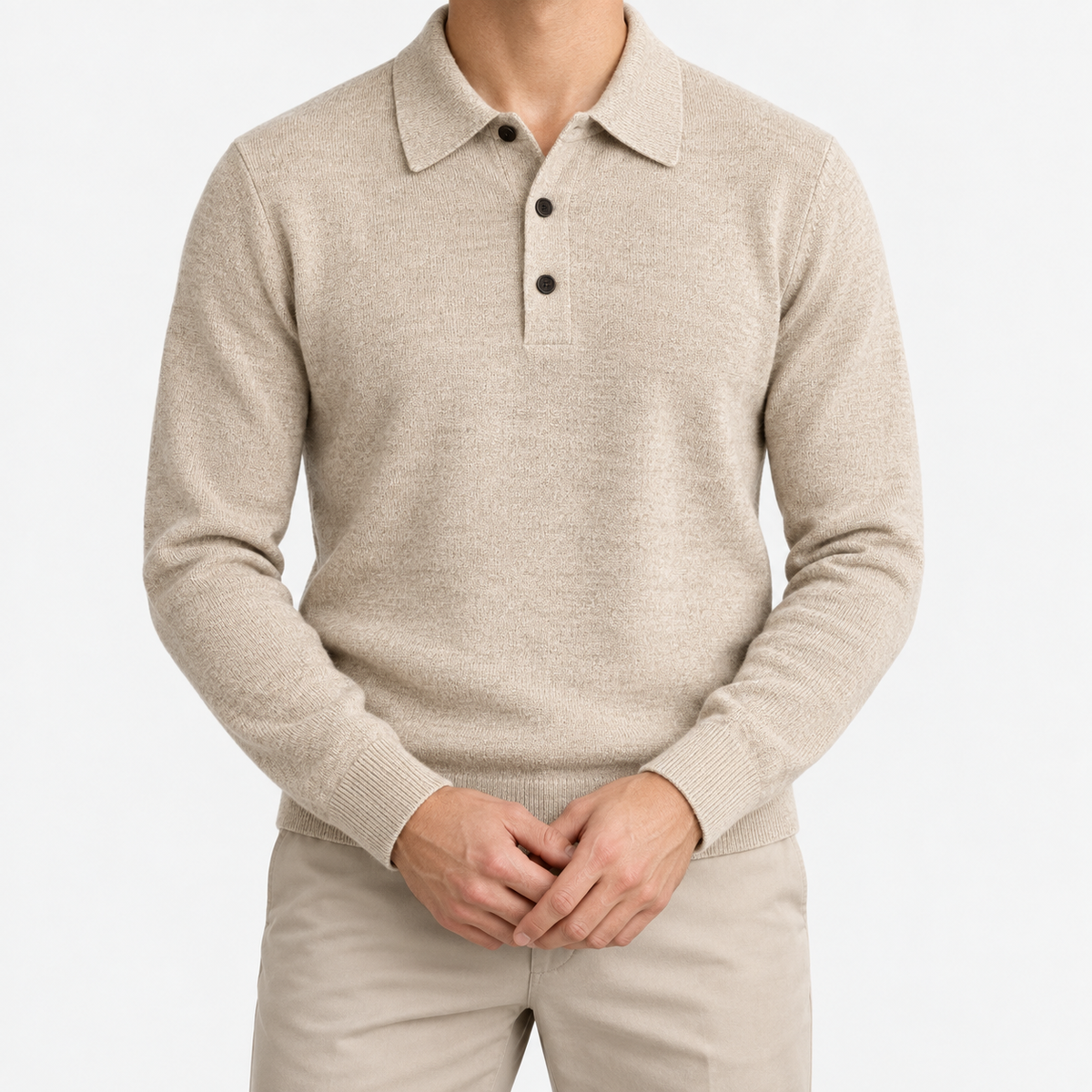 Fine knit button collar wool blend sweater in beige, front model view