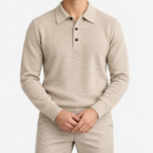 Fine knit button collar wool blend sweater in beige, front model view