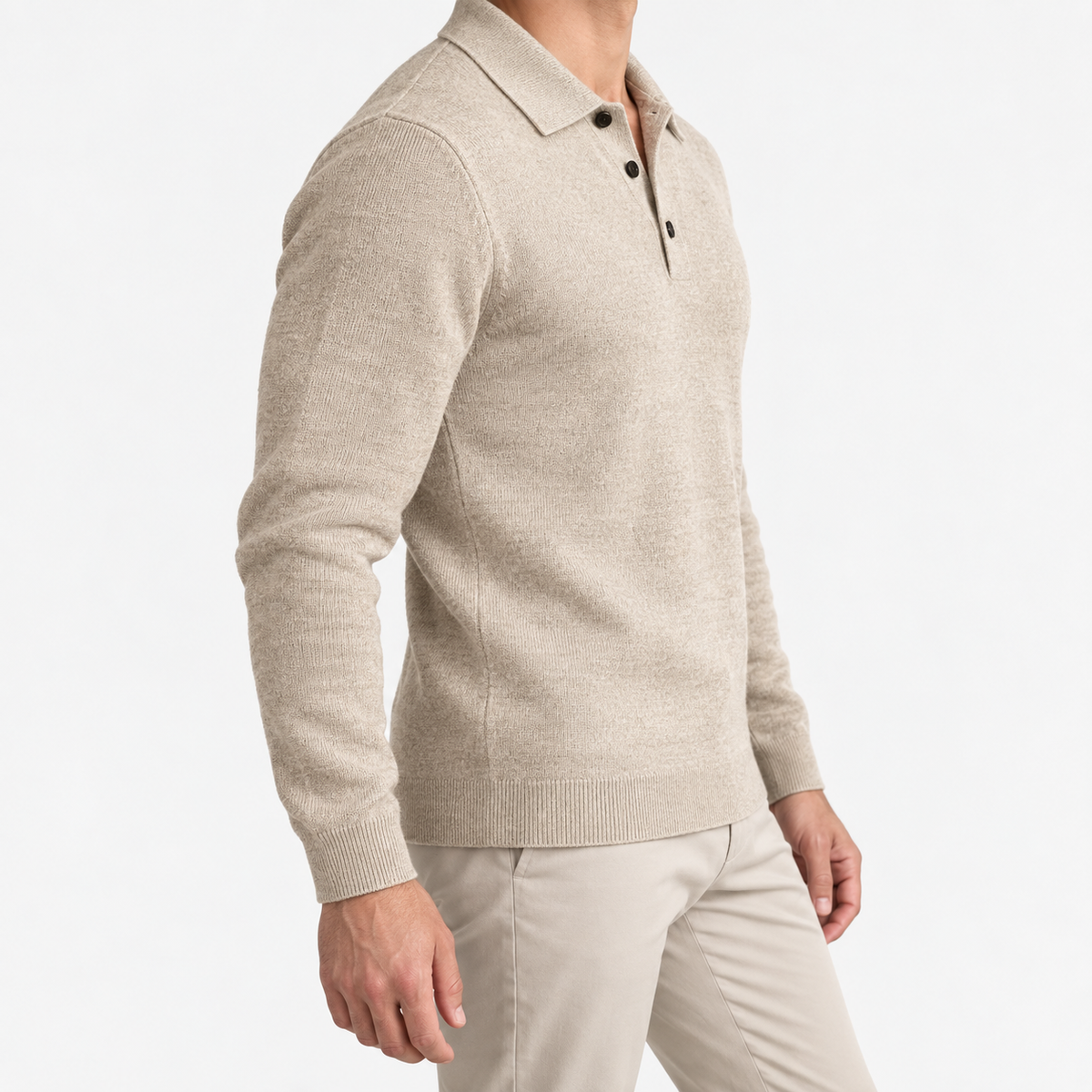 Fine knit button collar wool blend sweater in beige, three-quarter model view