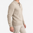 Fine knit button collar wool blend sweater in beige, three-quarter model view