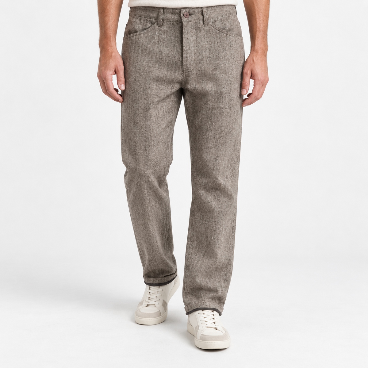 Wool blend straight trousers with a button fly in light taupe, front model view