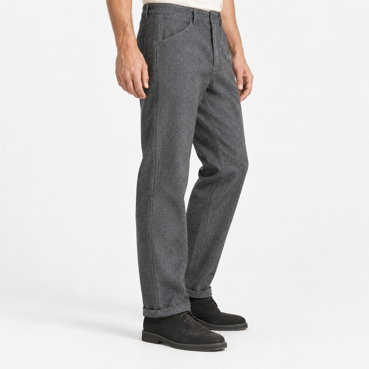 Wool blend straight trousers with a button fly in blue gray, three-quarter model view