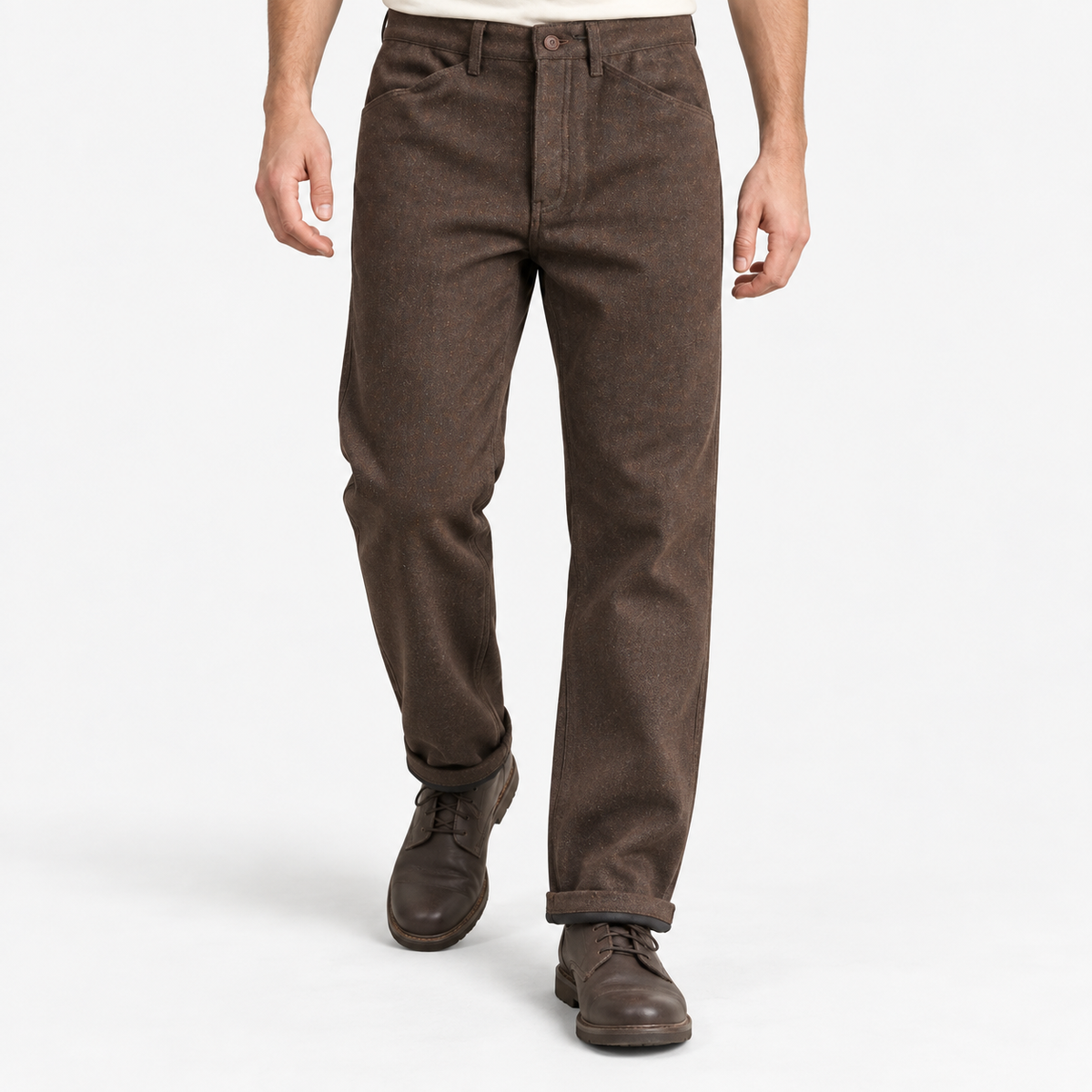 Wool blend straight trousers with a button fly in brown, front model view