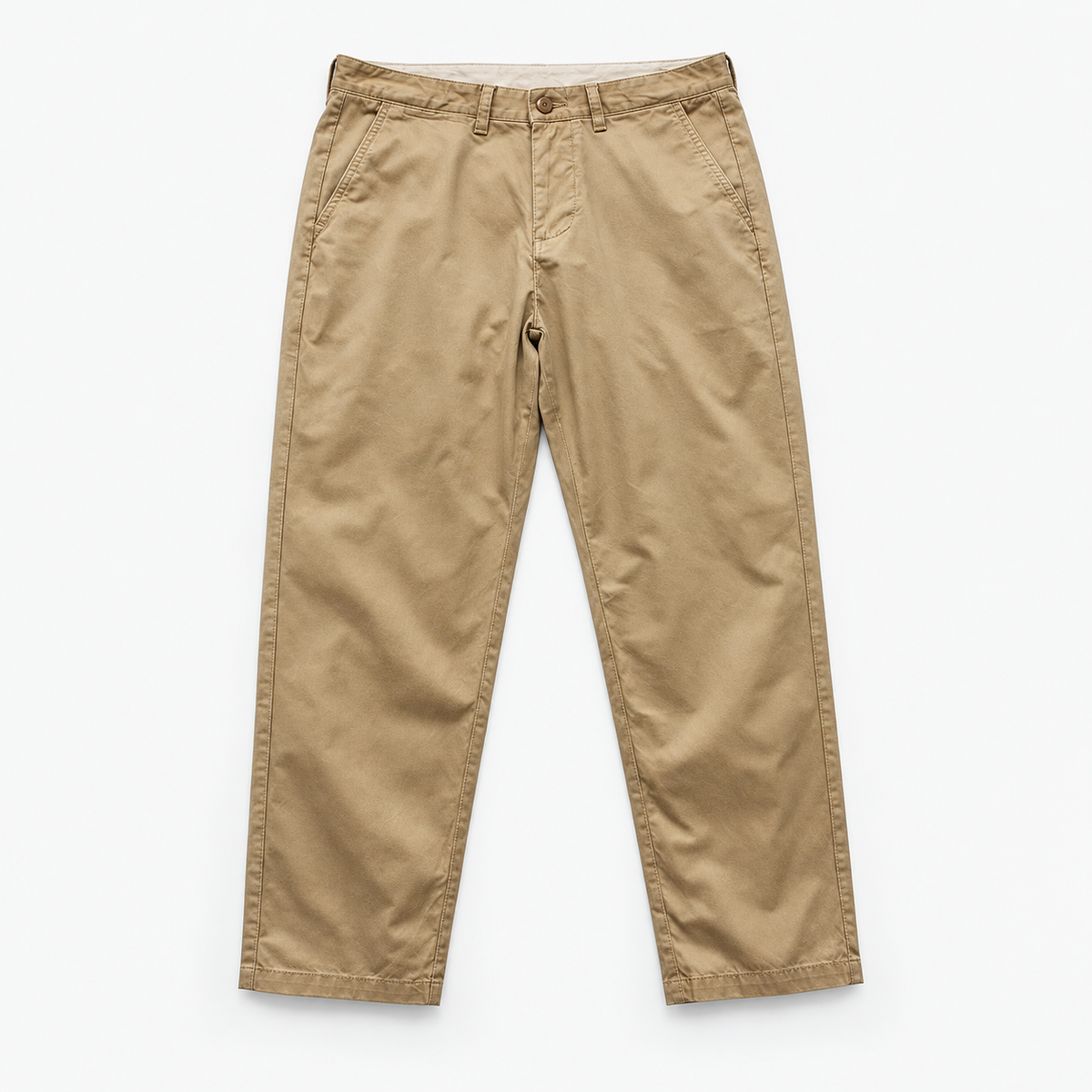 Washed cotton straight trousers with welt pockets in khaki, product view