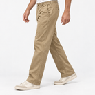 Washed cotton straight trousers with welt pockets in khaki, three-quarter model view