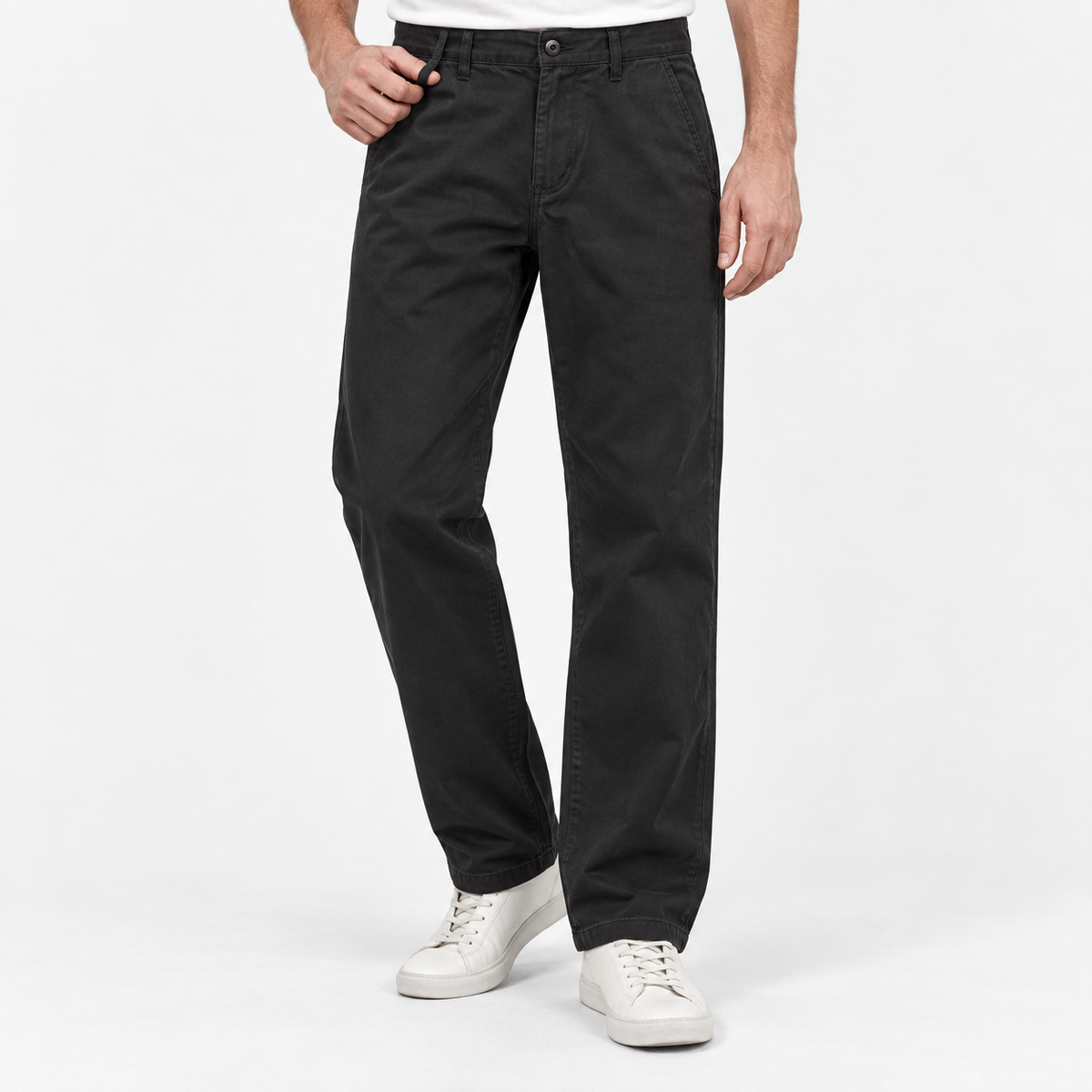 Washed cotton straight trousers with welt pockets in black, front model view