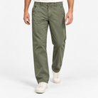 Washed cotton straight trousers with welt pockets in olive green, front model view