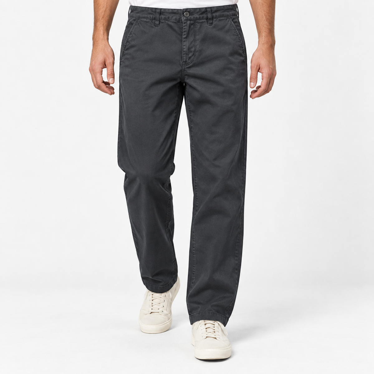 Washed cotton straight trousers with welt pockets in dark gray, front model view
