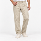 Washed cotton straight trousers with welt pockets in light khaki, front model view