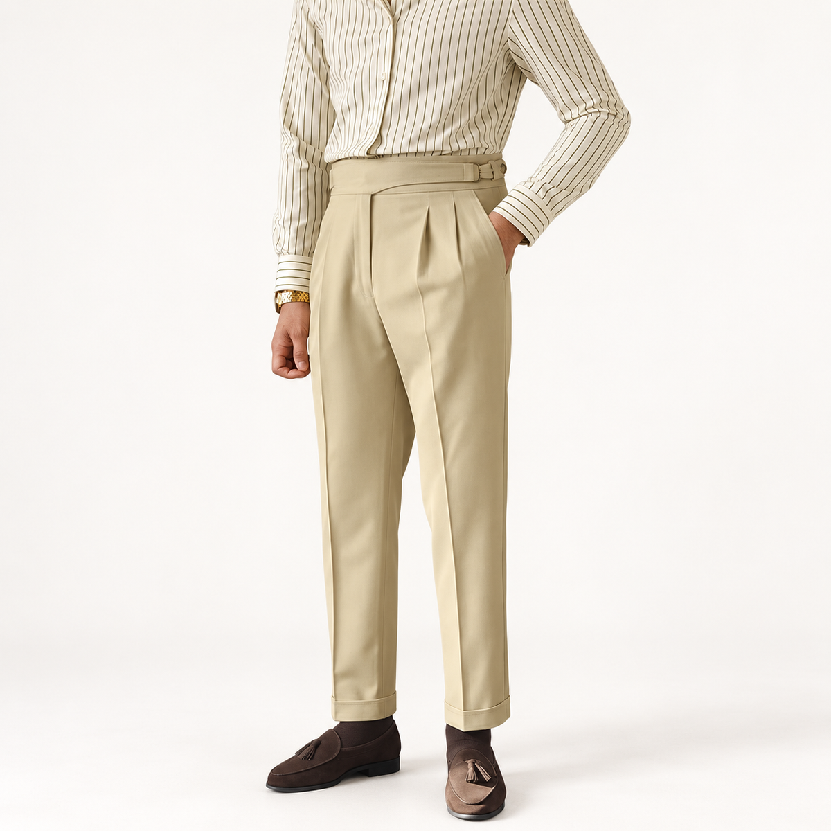 Casual button-down straight fit elegant pants in Khaki – product view