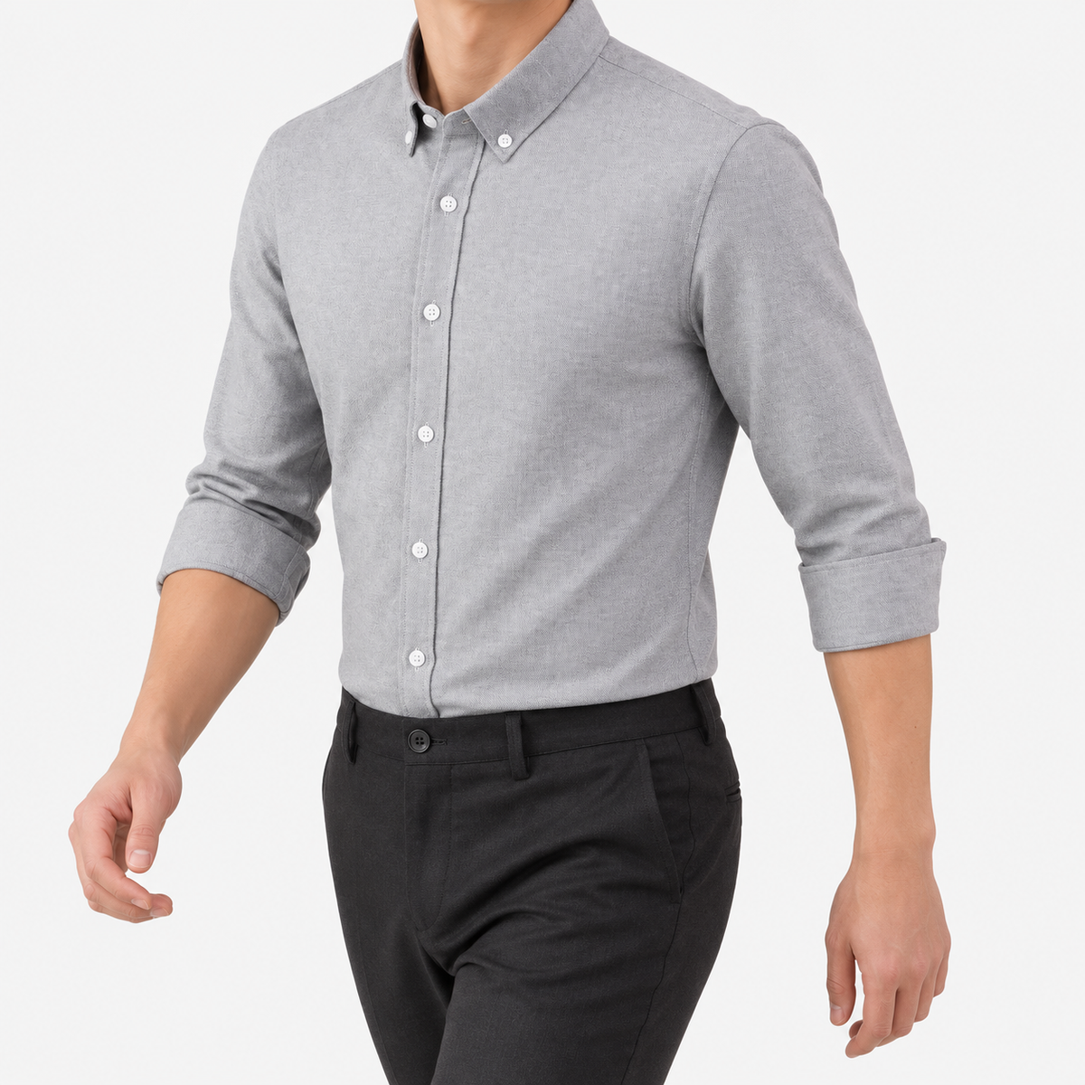 SAFARI cotton long sleeve shirt in gray, three-quarter model view