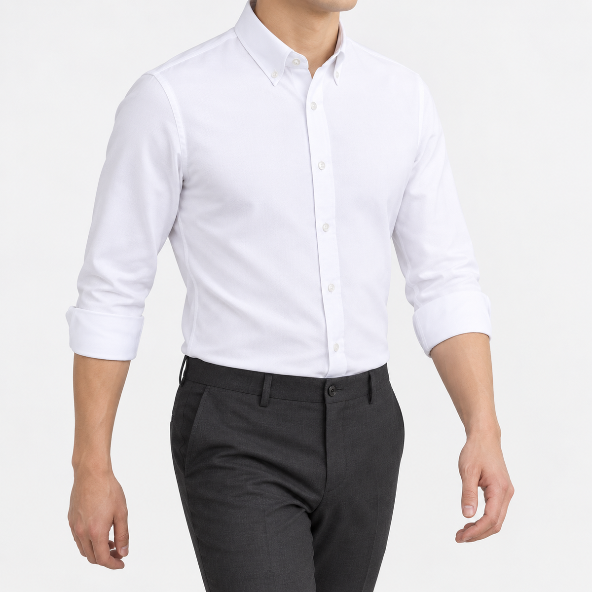 SAFARI cotton long sleeve shirt in white, three-quarter model view