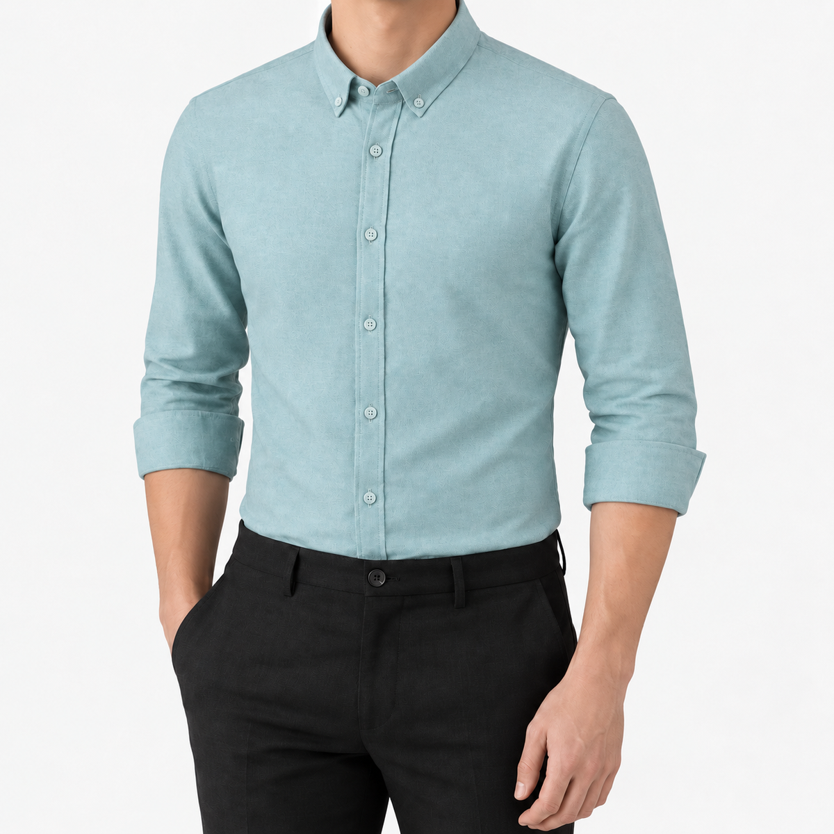 SAFARI cotton long sleeve shirt in sage green, front model view