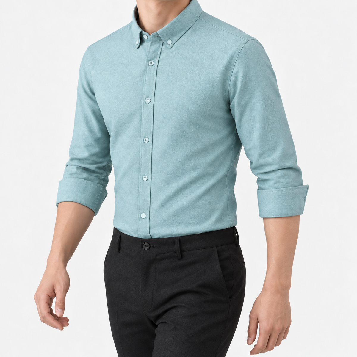 SAFARI cotton long sleeve shirt in sage green, three-quarter model view
