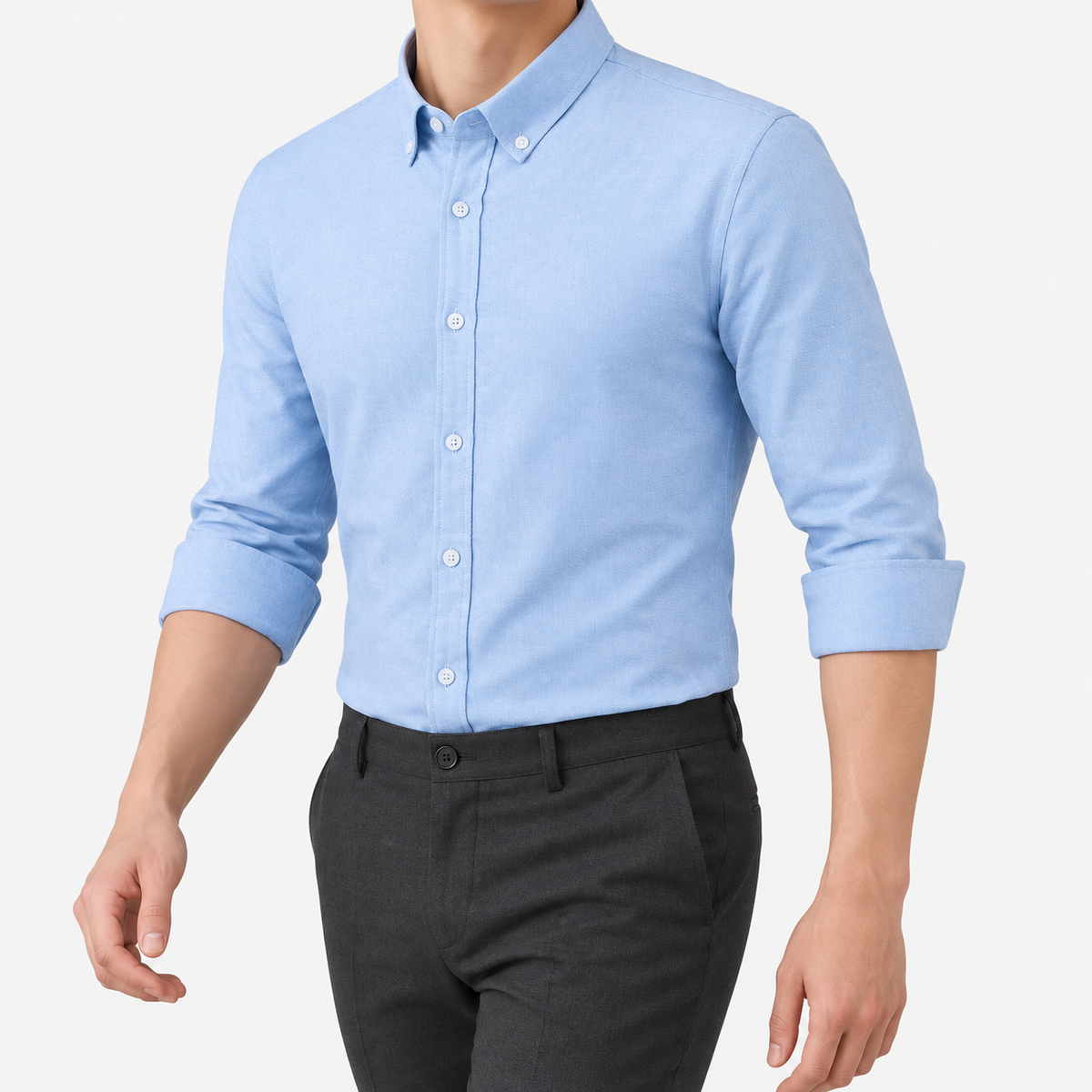 SAFARI cotton long sleeve shirt in baby blue, three-quarter model view
