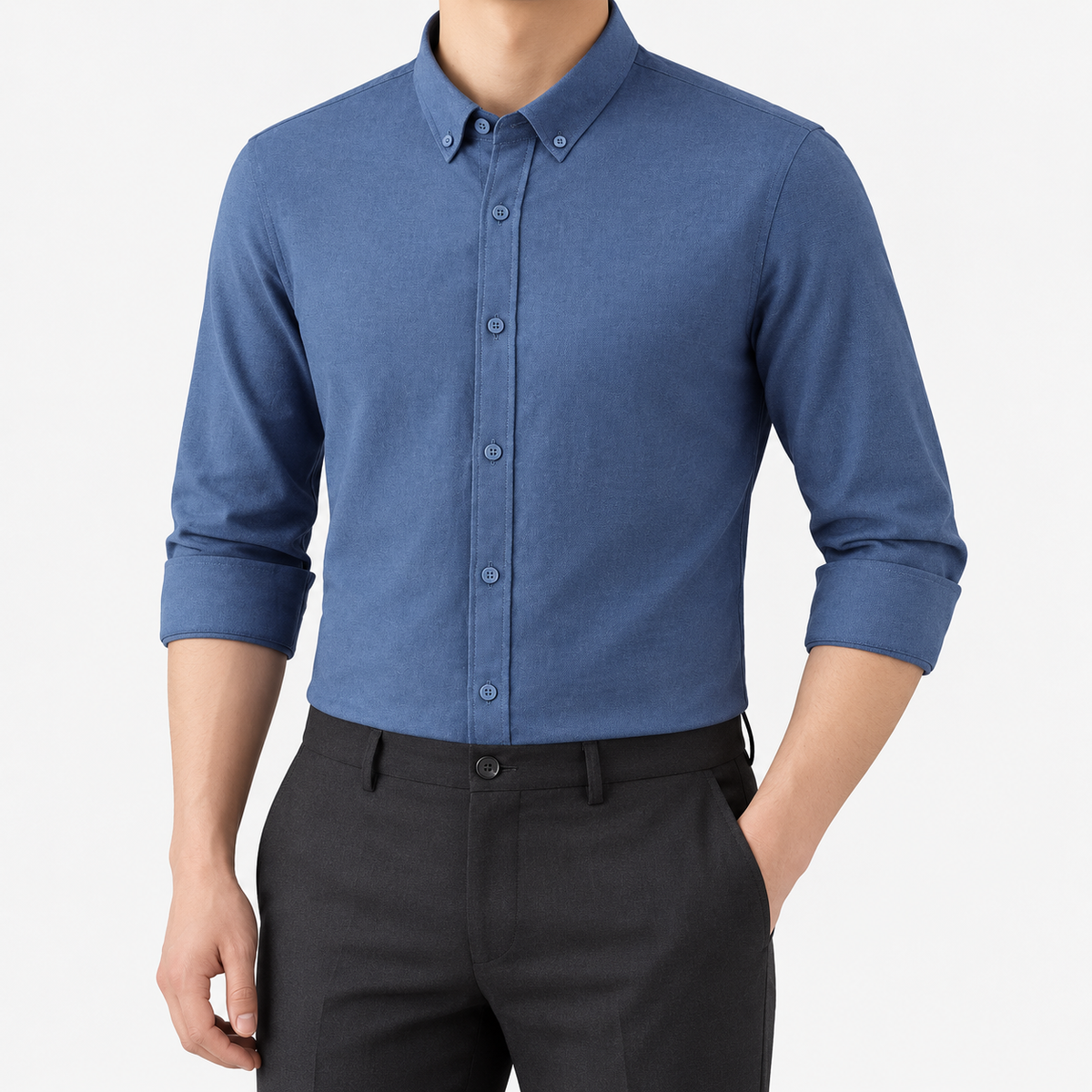 SAFARI cotton long sleeve shirt in blue, front model view