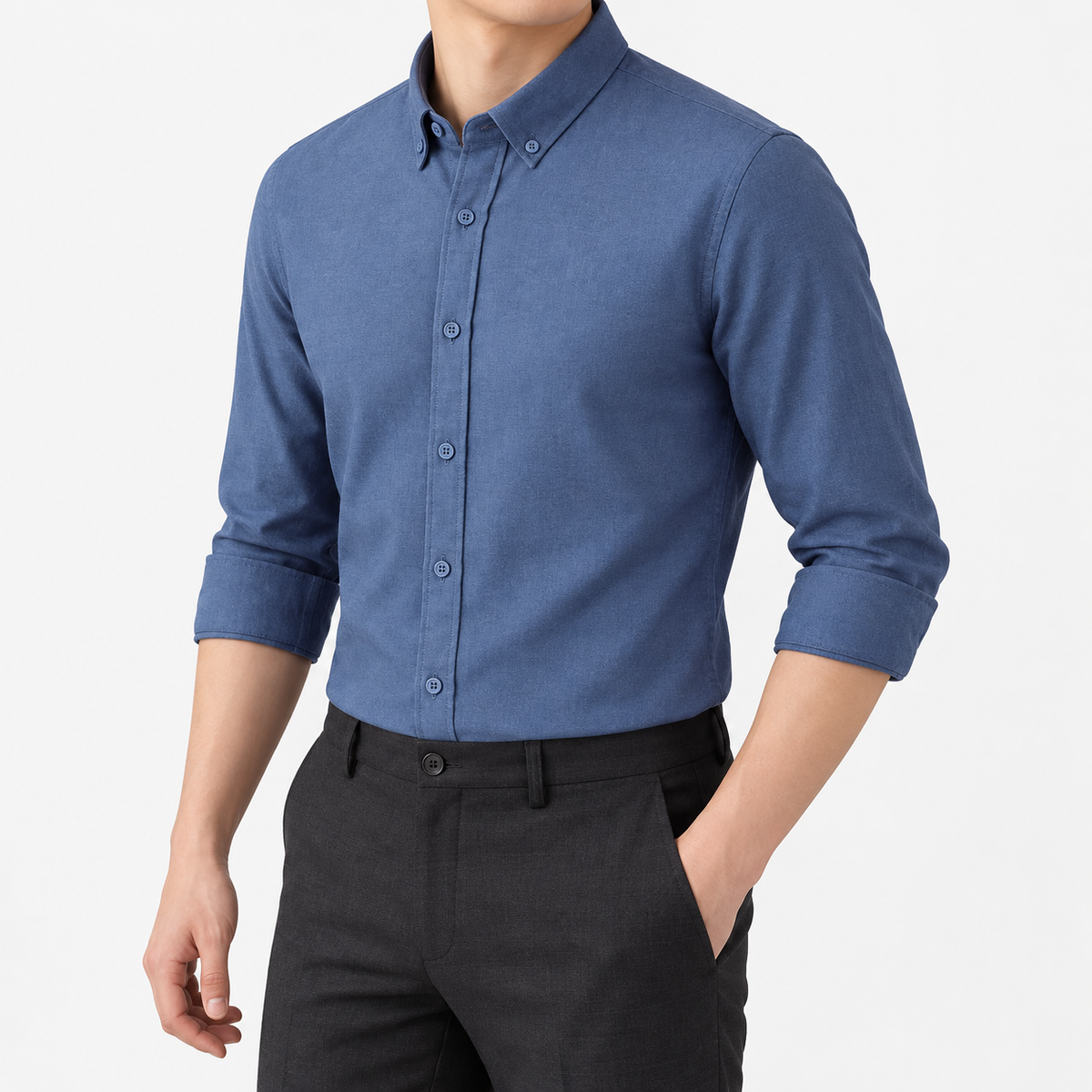 SAFARI cotton long sleeve shirt in blue, three-quarter model view