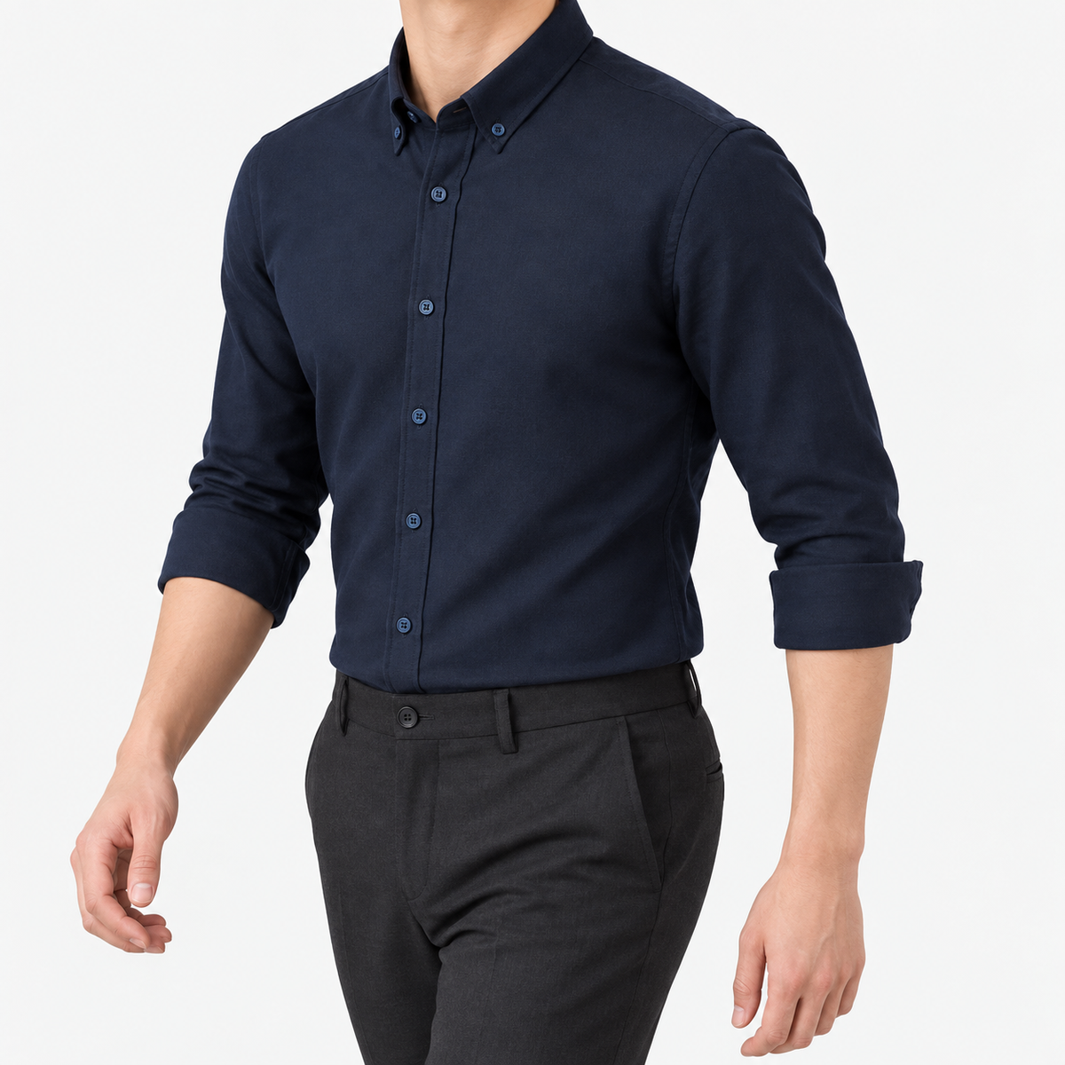 SAFARI cotton long sleeve shirt in dark blue, three-quarter model view