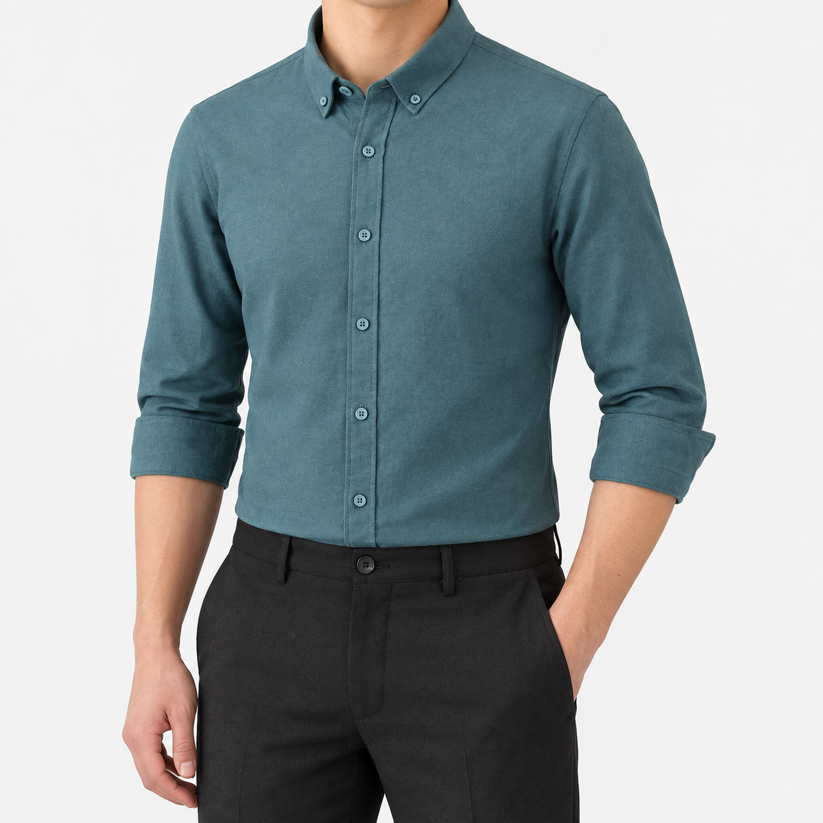 SAFARI cotton long sleeve shirt in forrest green, front model view