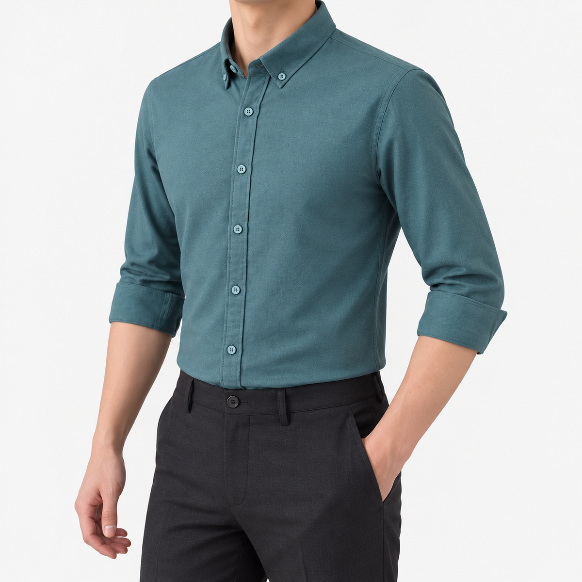 SAFARI cotton long sleeve shirt in forrest green, three-quarter model view