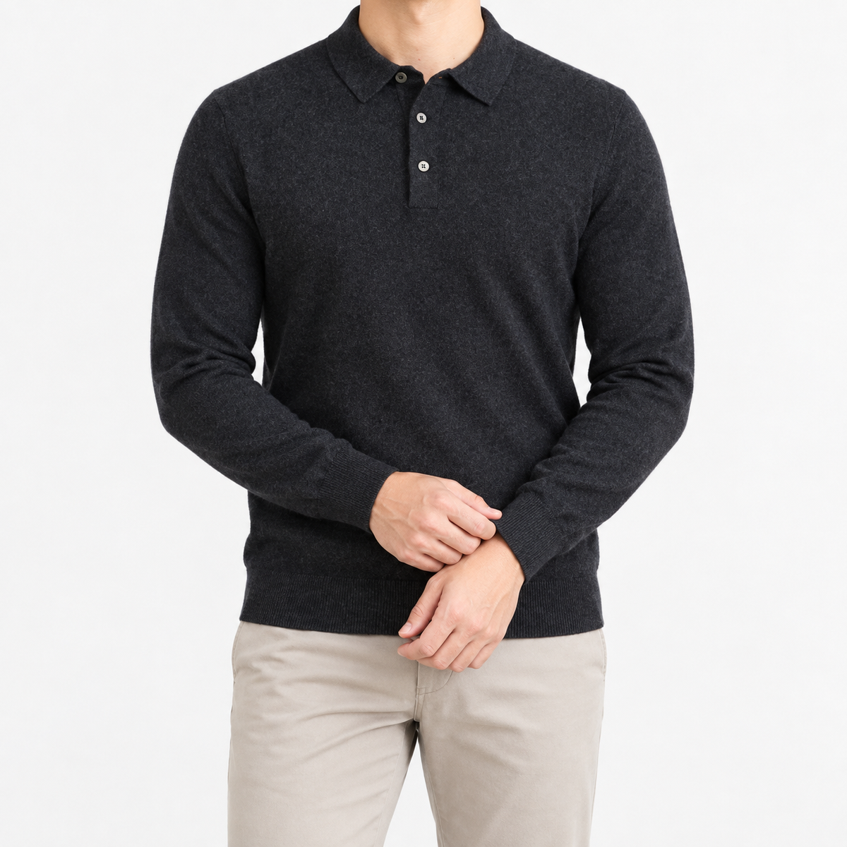 Wool blend business casual stretchable polo pullover in dark grey, front model view
