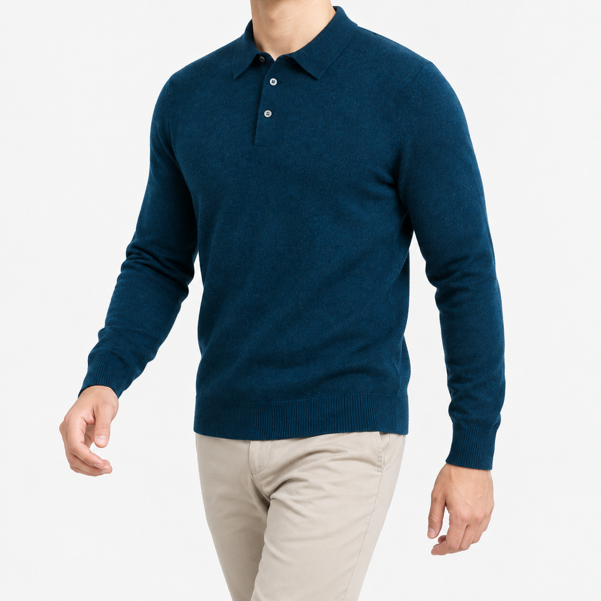 Wool blend business casual stretchable polo pullover in blue, three-quarter model view