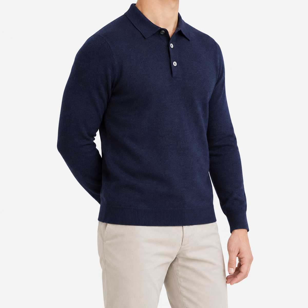 Wool blend business casual stretchable polo pullover in navy blue, three-quarter model view