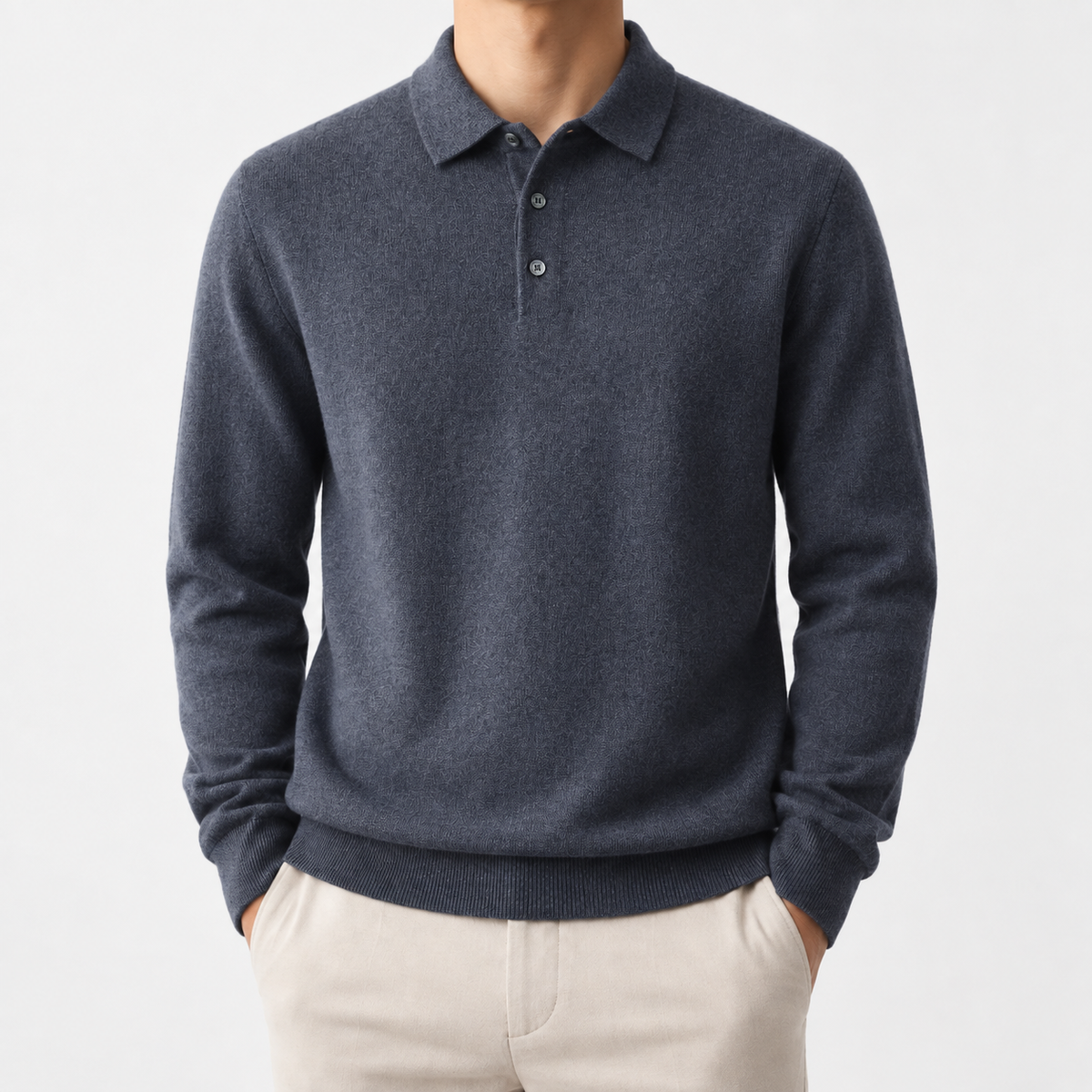 Wool blend business casual stretchable polo pullover in gray, front model view