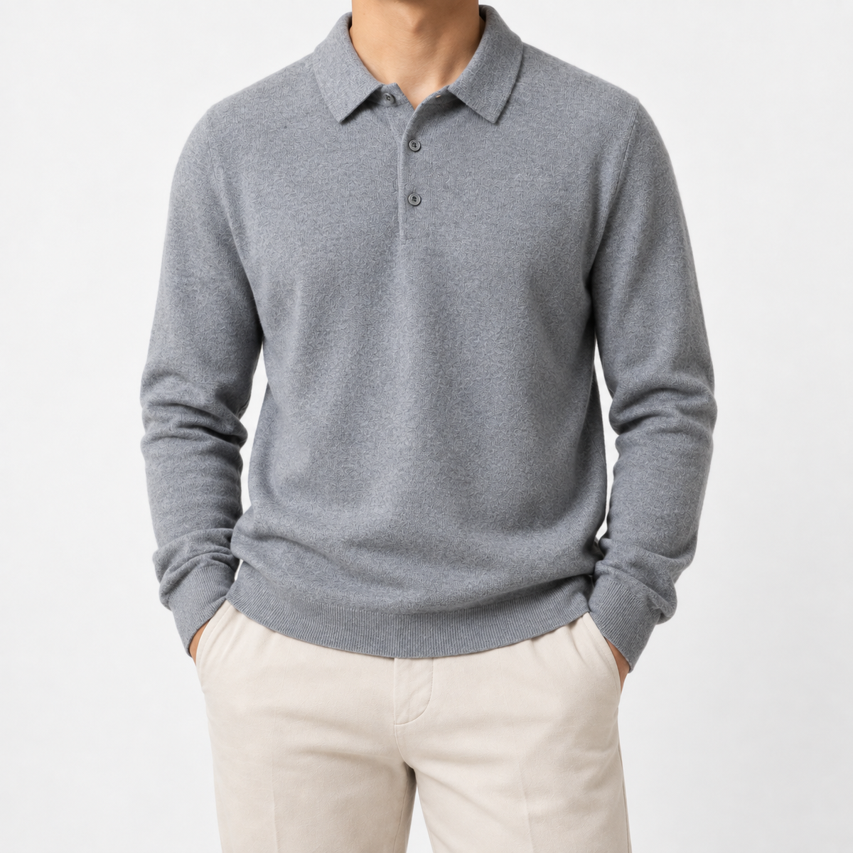 Wool blend business casual stretchable polo pullover in light gray, front model view