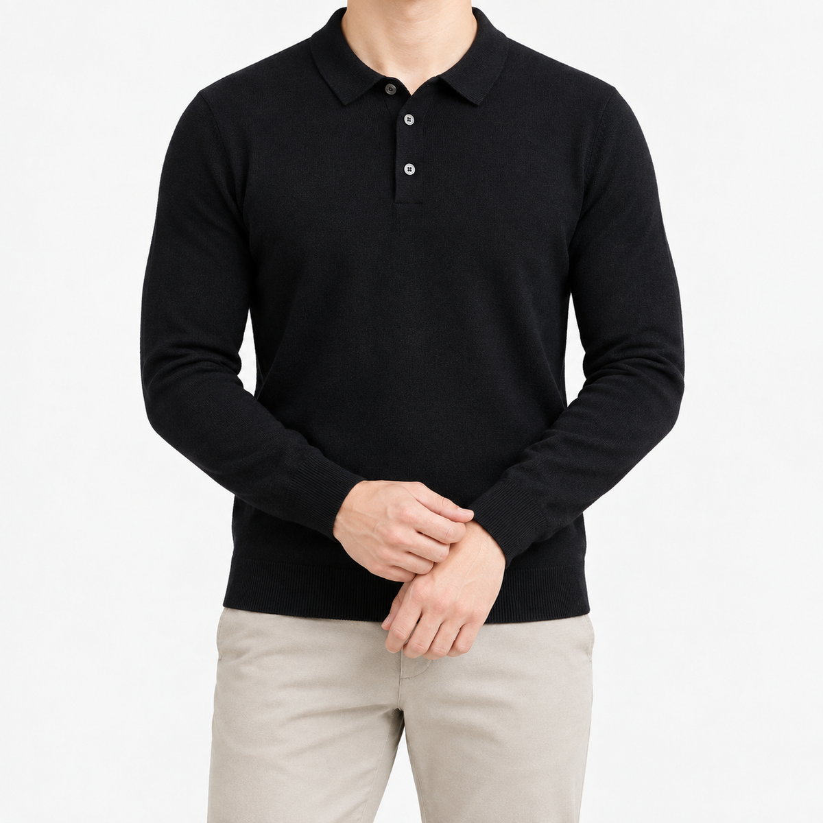 Wool blend business casual stretchable polo pullover in black, front model view