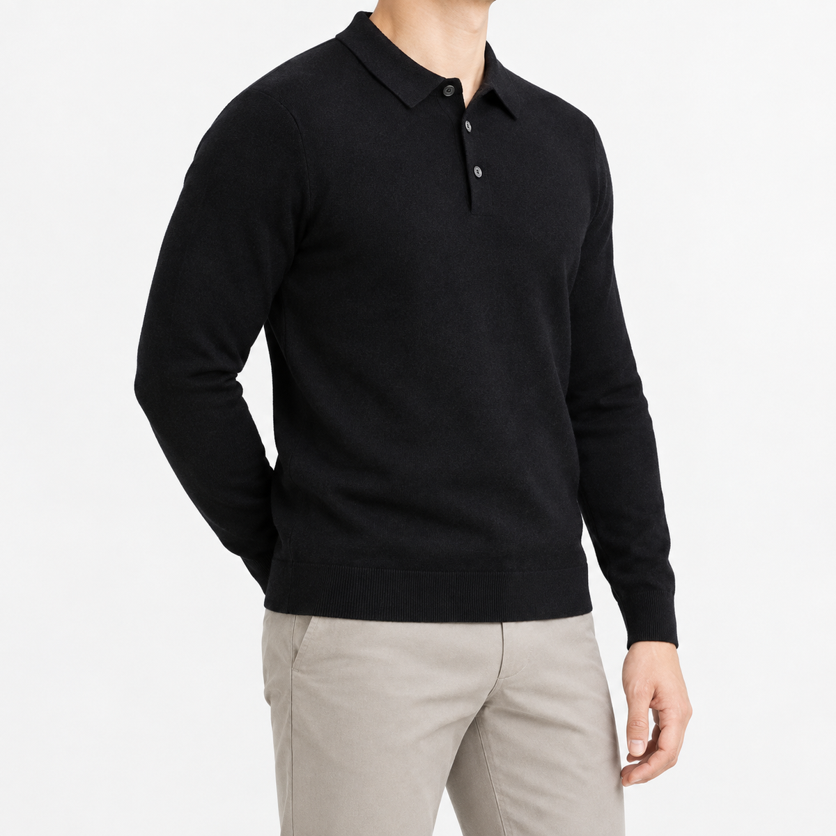 Wool blend business casual stretchable polo pullover in black, three-quarter model view