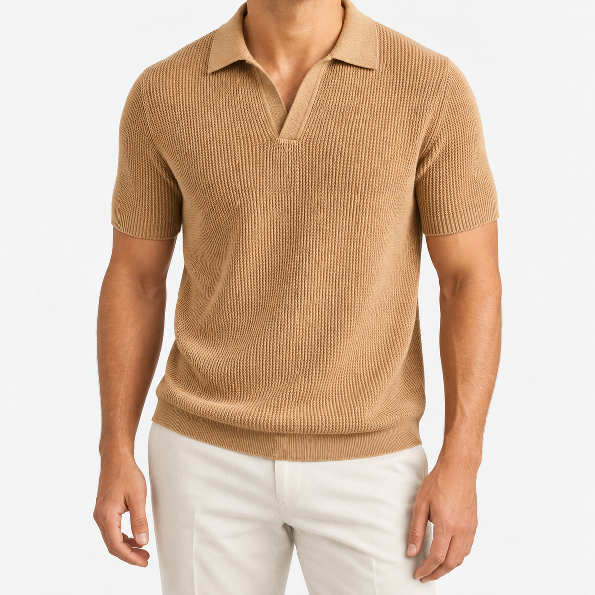 Ramon business slim cashmere polo sweater in oatmeal, front model view