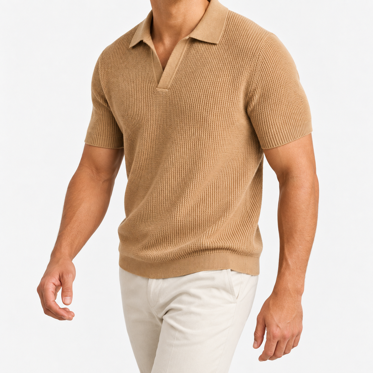 Ramon business slim cashmere polo sweater in oatmeal, three-quarter model view