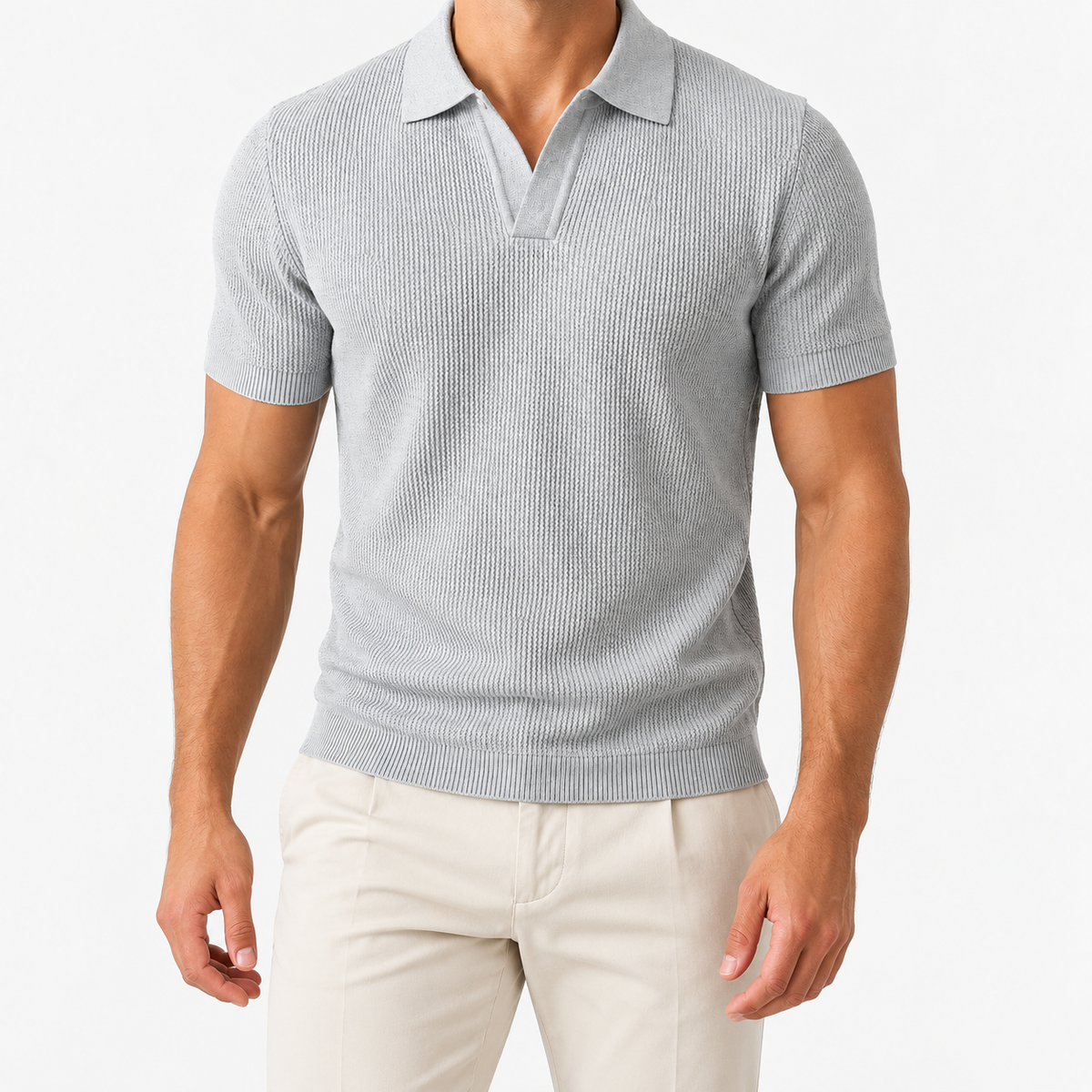 Ramon business slim cashmere polo sweater in gray, front model view