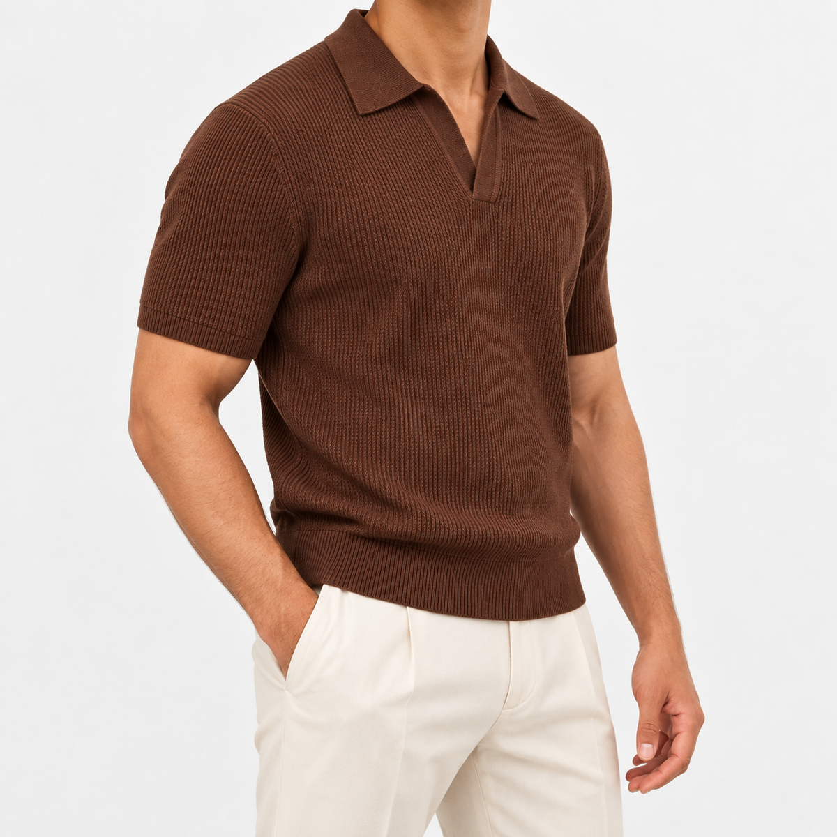 Ramon business slim cashmere polo sweater in coffee, three-quarter model view